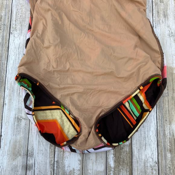 Tara Grinna Swimsuit Sz 14 One Piece Faux Wrap Brown Orange Retro Geometric - Picture 12 of 15